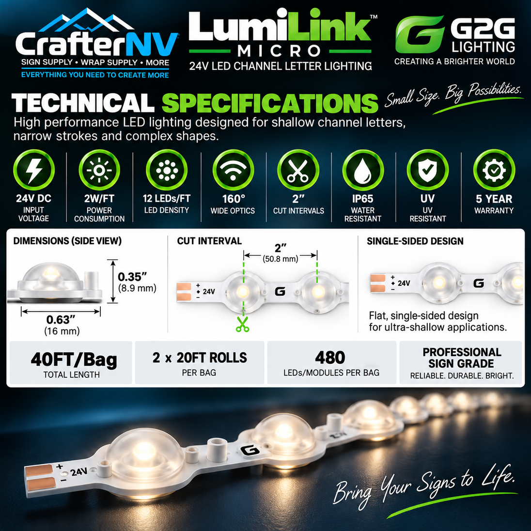 Technical specification sheet for LumiLink Micro 24V LED channel letter lighting by CrafterNV, showing dimensions, power ratings, IP65 water resistance, and a sample strip of illuminated LEDs on a dark background.