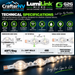 Technical specification sheet for LumiLink Micro 24V LED channel letter lighting by CrafterNV, showing dimensions, power ratings, IP65 water resistance, and a sample strip of illuminated LEDs on a dark background.