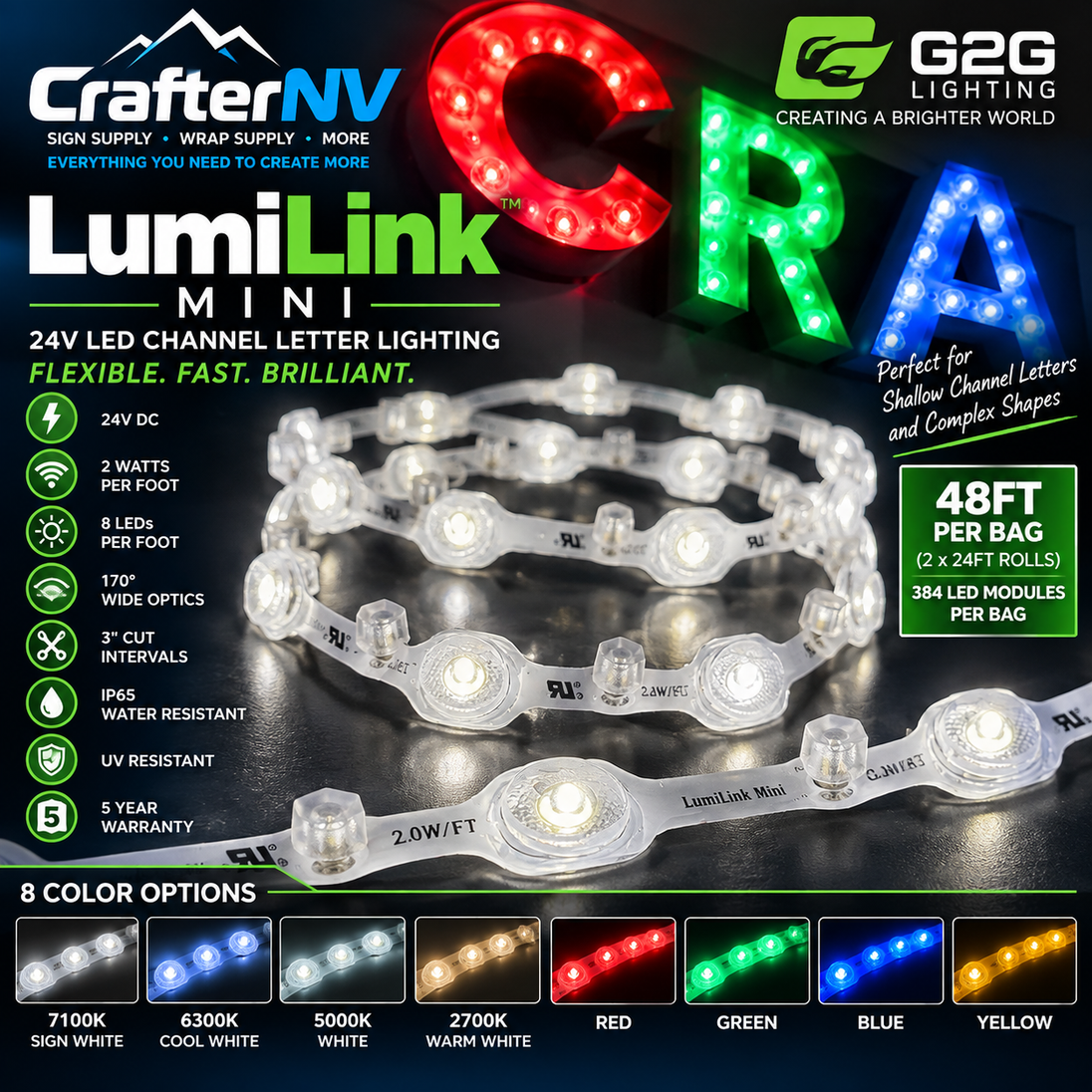 LumiLink Mini 24V LED channel letter lighting strip shown coiled on a dark reflective surface, with large red, green, and blue illuminated letters demonstrating use. The image includes branding for CrafterNV and G2G Lighting, product specs, a 48FT bag length callout, and an 8-color options chart at the bottom.