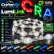 LumiLink Mini 24V LED channel letter lighting strip shown coiled on a dark reflective surface, with large red, green, and blue illuminated letters demonstrating use. The image includes branding for CrafterNV and G2G Lighting, product specs, a 48FT bag length callout, and an 8-color options chart at the bottom.