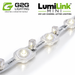 A close-up of a LumiLink Mini 24V LED channel letter light strip showing illuminated LED chips on a clear carrier strip, with G2G Lighting branding at the top left.