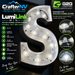 A large illuminated letter 'S' sign made from embedded LED channel lights, shown on a dark background with product specs, branding, and feature callouts around it. Visible brand text includes CrafterNV and LumiLink Mini.