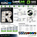 A promotional infographic for the CrafterNV Luminink Mini G20 LED Letter Lighting, showing a large sample of the letter 'A' with technical specifications, side profile views, recommended letter depths, an LED spacing guide, and color options.
