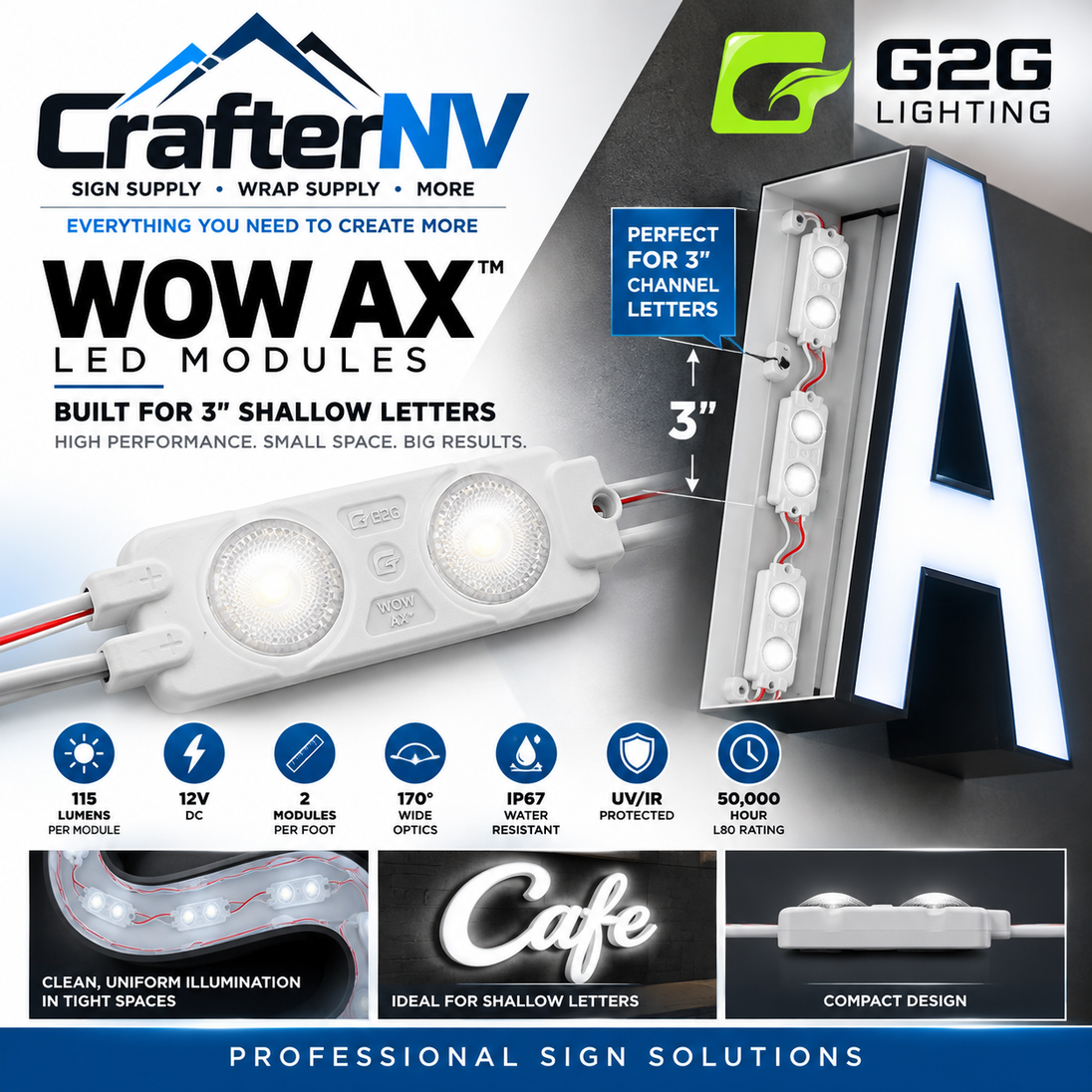 Promotional graphic for CrafterNV Wow AX LED modules, showing a white LED light bar module, wiring details, and a large illuminated letter A sign sample. Text highlights features like 118 lumens per module, 2 modules per foot, IP67 water resistance, UV protection, and 90,000 hour lifespan.