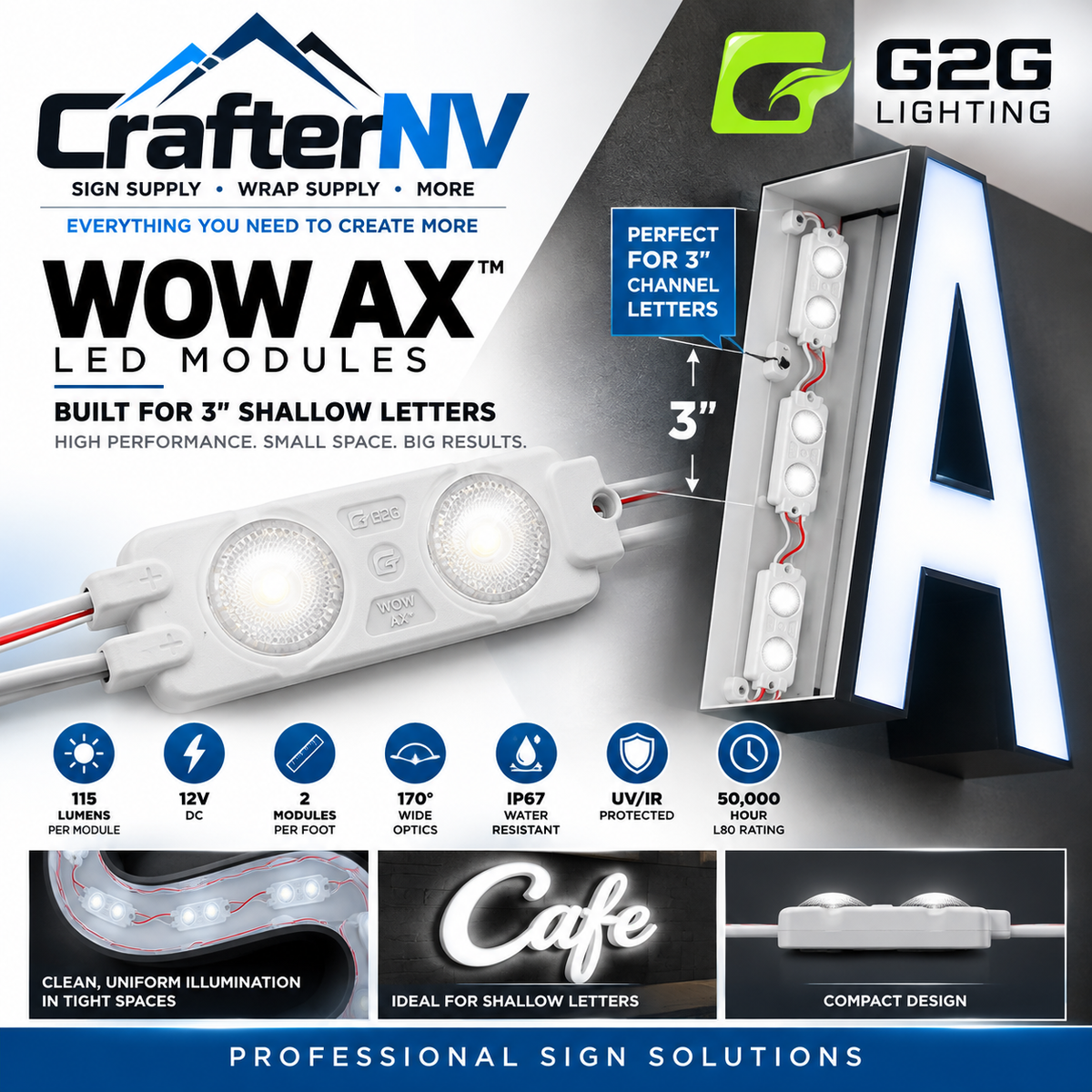 Promotional graphic for CrafterNV Wow AX LED modules, showing a white LED light bar module, wiring details, and a large illuminated letter A sign sample. Text highlights features like 118 lumens per module, 2 modules per foot, IP67 water resistance, UV protection, and 90,000 hour lifespan.