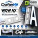 Promotional graphic for CrafterNV Wow AX LED modules, showing a white LED light bar module, wiring details, and a large illuminated letter A sign sample. Text highlights features like 118 lumens per module, 2 modules per foot, IP67 water resistance, UV protection, and 90,000 hour lifespan.