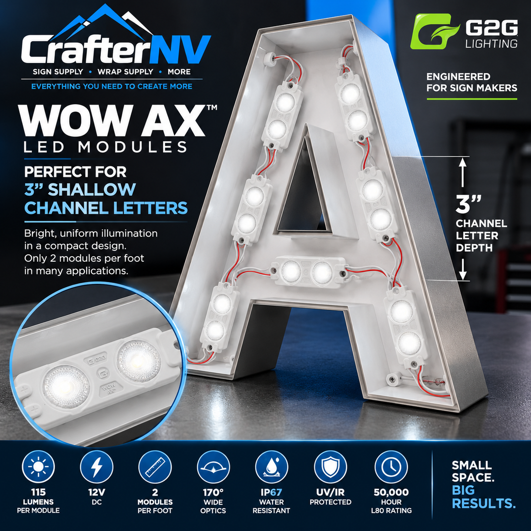 A large illuminated marquee letter A made from white LED channel letters, shown on a dark studio background with promotional text and icons. The image includes the CrafterNV branding and G2G Lighting branding, along with feature callouts such as 3-inch shallow channel letter depth and 115 LEDs per module.