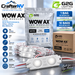 CrafterNV WOW AX LED Modules package display showing a white LED light bar product, a silver pouch of 40 modules, a brown shipping box, and blue informational callouts on a reflective studio background.