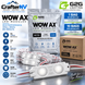 CrafterNV WOW AX LED Modules package display showing a white LED light bar product, a silver pouch of 40 modules, a brown shipping box, and blue informational callouts on a reflective studio background.