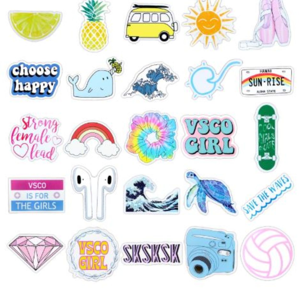 Collection of various stickers with different designs on a white background