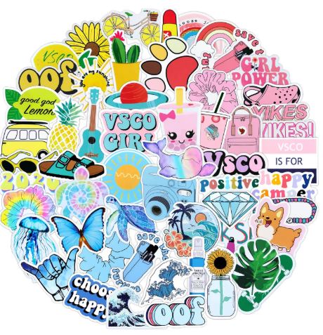 Collection of colorful stickers with various designs on a white background