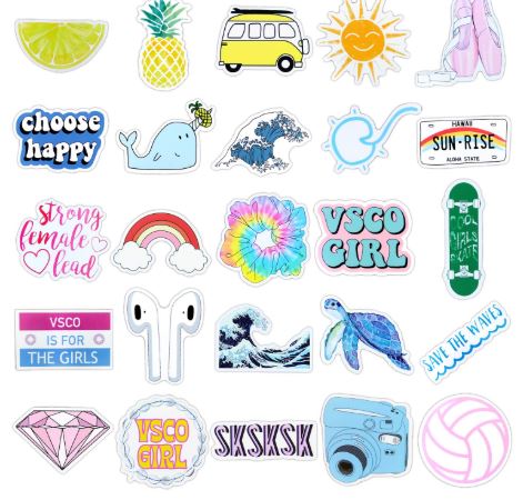 Collection of colorful stickers with various designs and text on a white background