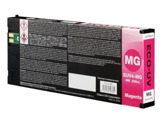 Magenta ink cartridge with text and branding on a white background