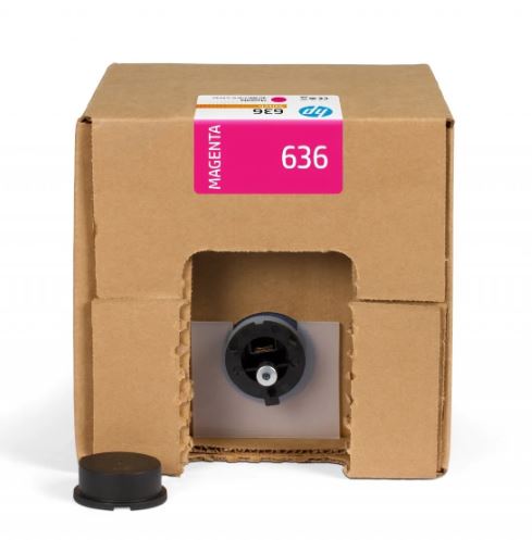 Cardboard box with a black ink cartridge inside, featuring an HP label.