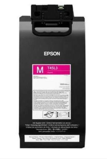 Epson ink cartridge with magenta label on a white background