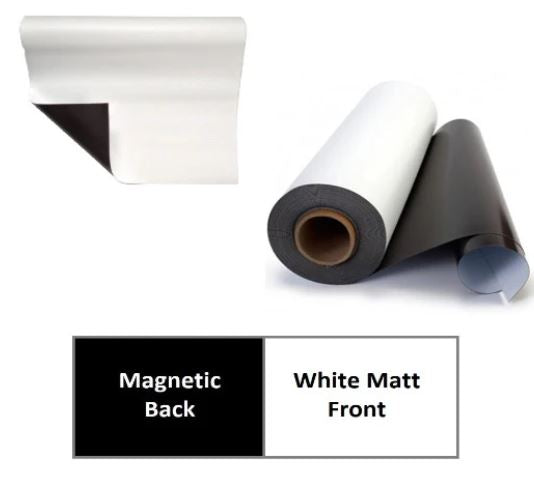 Two rolls of paper with labels indicating 'Magnetic Back' and 'White Matt Front' on a white background.