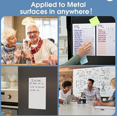 Collage of people using a whiteboard with text and drawings, applied to metal surfaces.