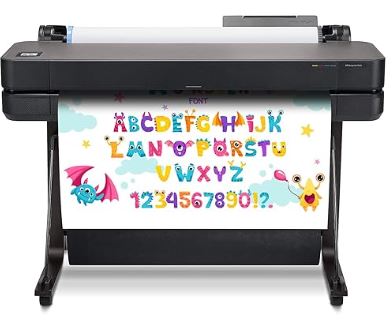 Plotter printer with colorful alphabet and number design on a white background
