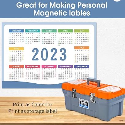 Toolbox with a 2023 calendar attached, labeled 'Great for Making Personal Magnetic Labels'.