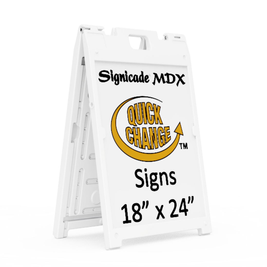 White a-frame sign with 'Signicade MDX Quick Change Signs' branding and dimensions on a white background