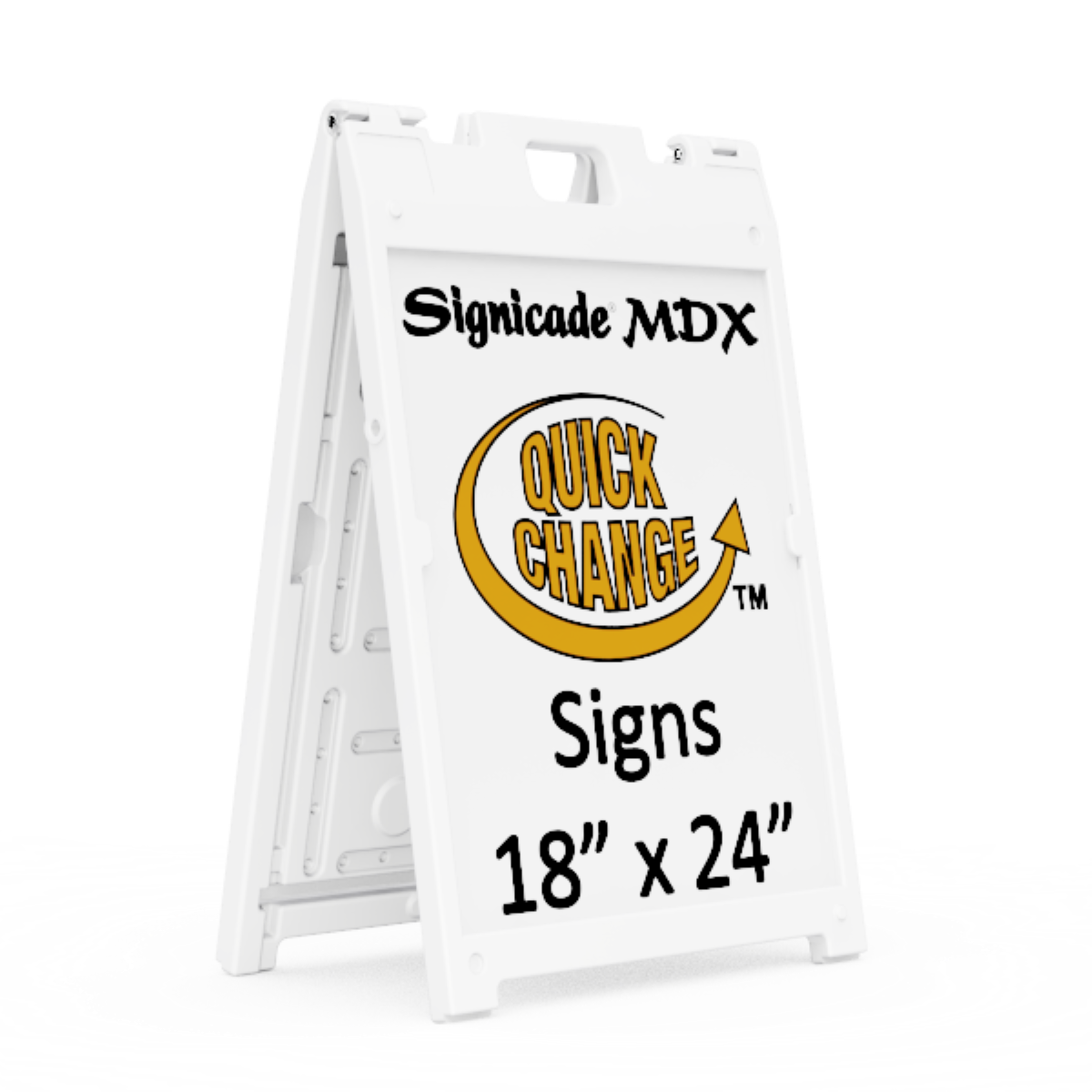 White a-frame sign with 'Signicade MDX Quick Change Signs' branding and dimensions on a white background