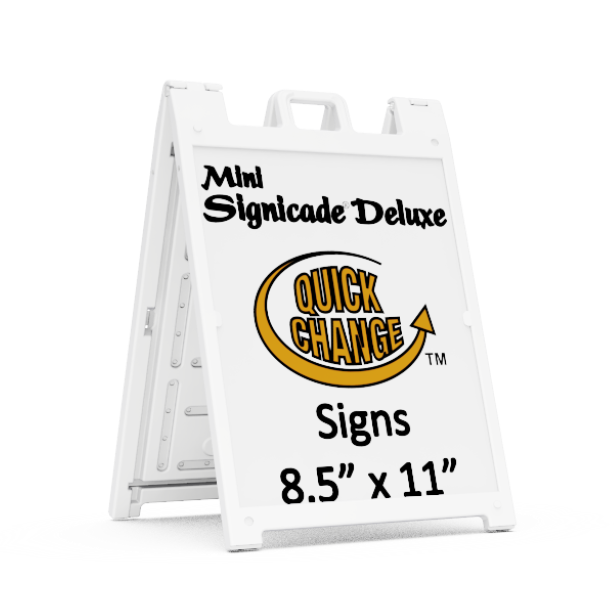 White a-frame sign with 'Quick Change' branding and text on a white background