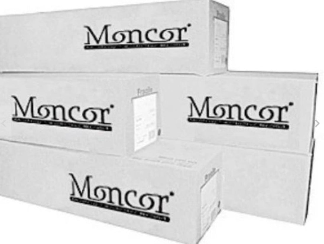 Three stacked boxes with 'Moncor' branding on a white background