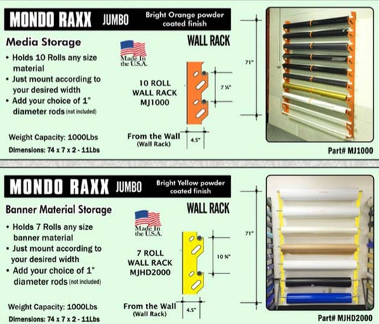 Product description of Mondo Raxx Jumbo wall racks with dimensions and features.
