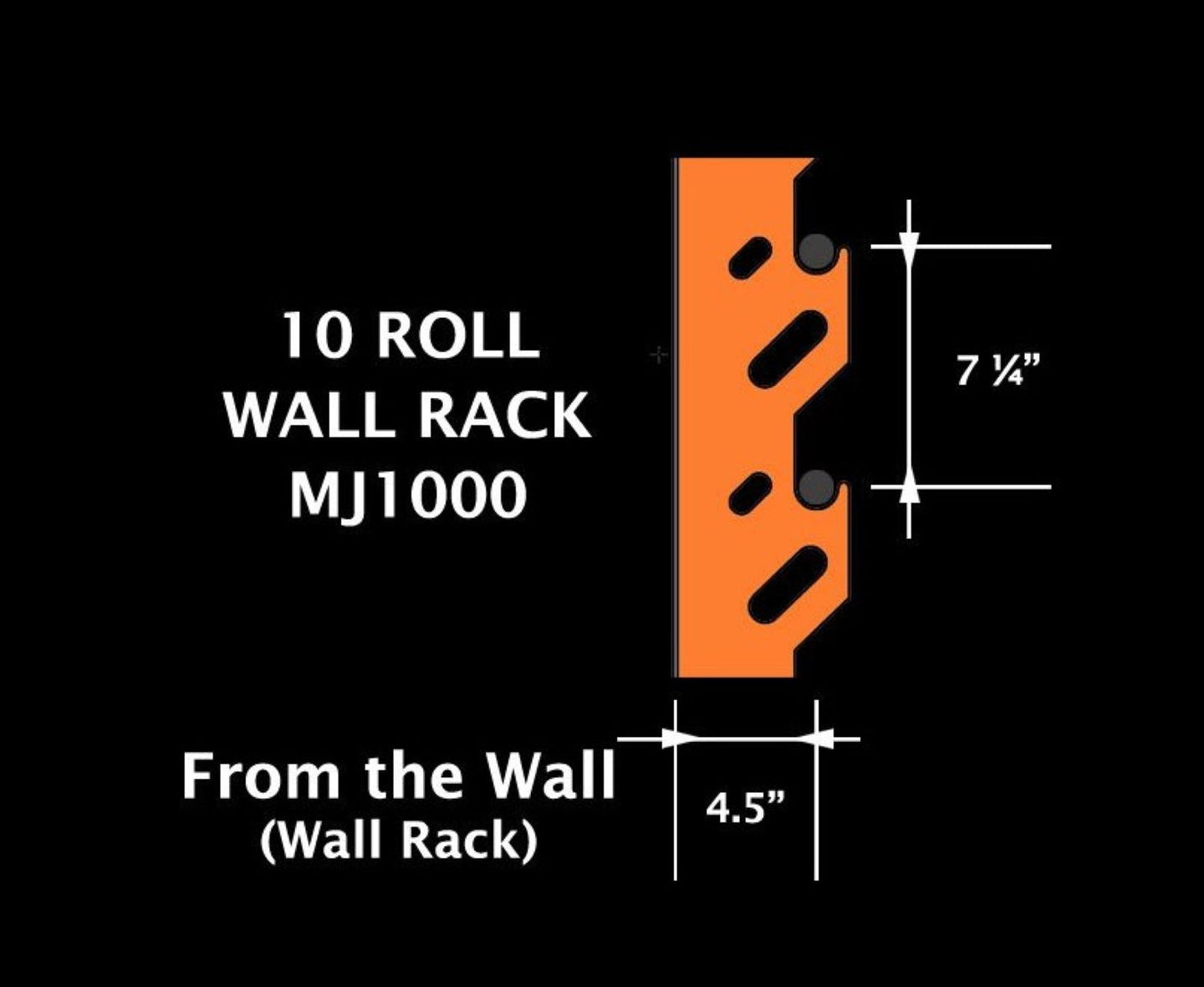 Orange wall rack with dimensions labeled on a black background