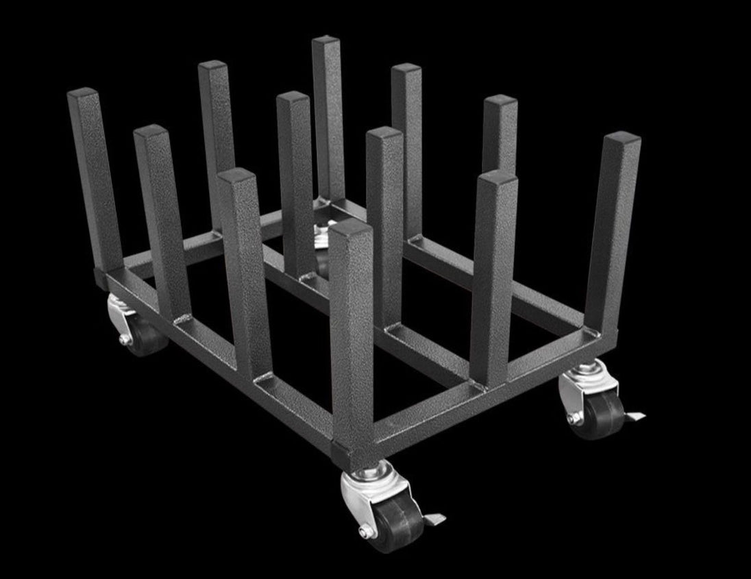 Black metal rack with wheels on a black background
