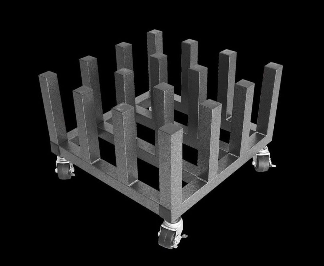 Metal rack with wheels on a black background