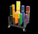 Colorful rolls of vinyl or paper on a stand with wheels against a white background