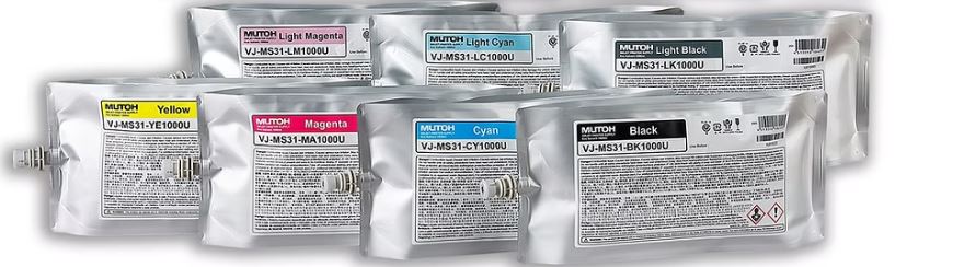 Set of ink cartridges with labels on a white background