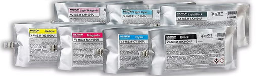 Set of ink cartridges with labels on a white background