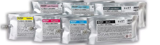 Set of ink cartridges with labels on a white background