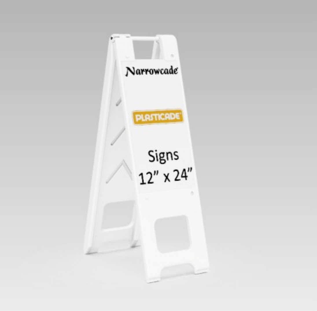 White sign stand with 'Narrowcade' and 'Plasticade Signs' branding on a gray background