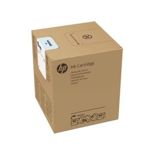 Cardboard box with HP ink cartridge label on a white background