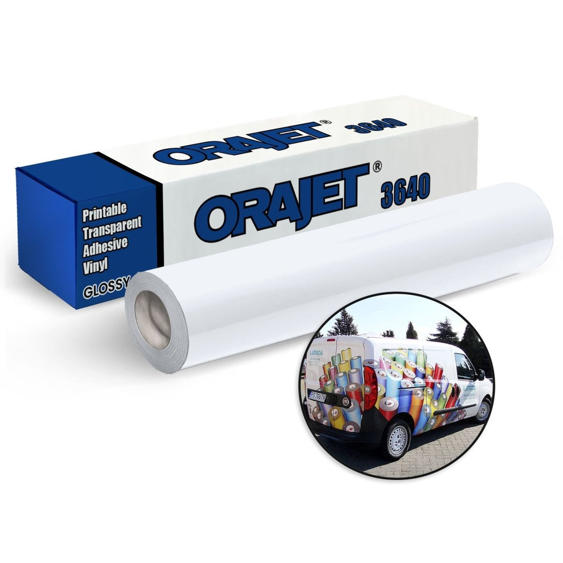 ORAJET 3640 economy printable vinyl roll and ORAJET 3640 product box with application example