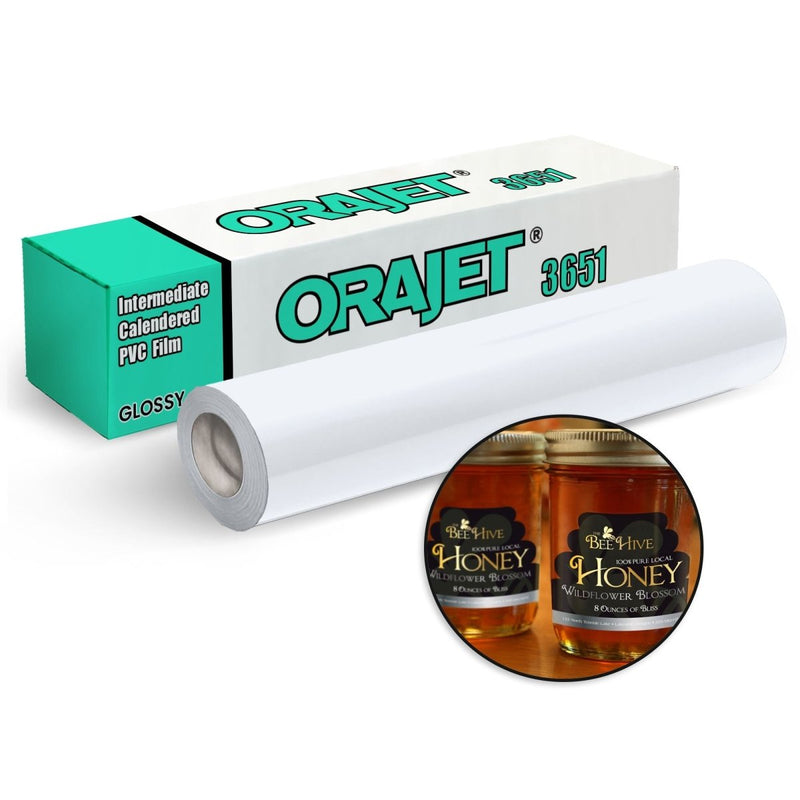 ORAJET 3651 intermediate printable vinyl roll and branded product box with printed label example