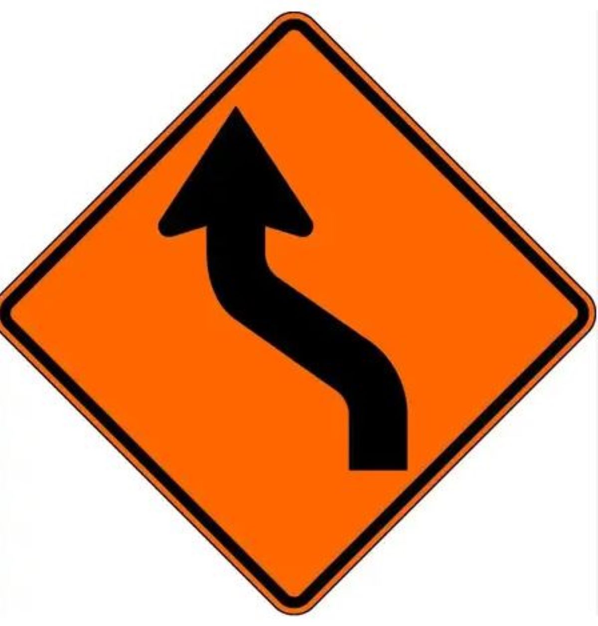 Orange traffic sign with a black arrow indicating a curve to the right on a white background