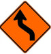 Orange traffic sign with a black arrow indicating a curve to the right on a white background
