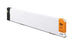 Long white rectangular object with an orange label on a white background