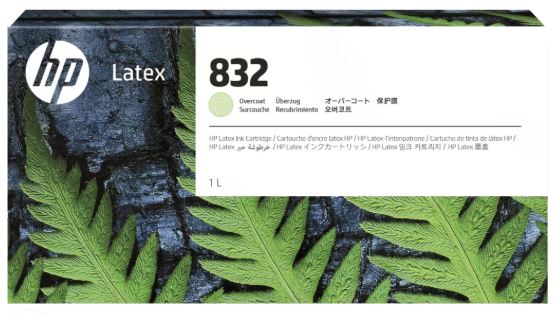 HP Latex 832 ink cartridge packaging with green leaf design