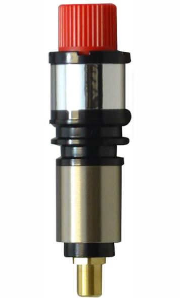 Mechanical valve with red top, silver middle, and gold bottom on a white background