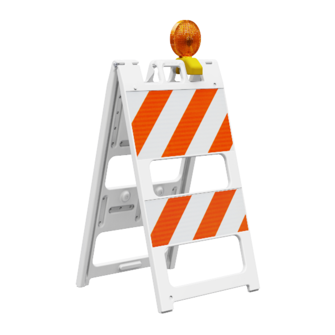 Safety barricade with orange and white stripes on a white background