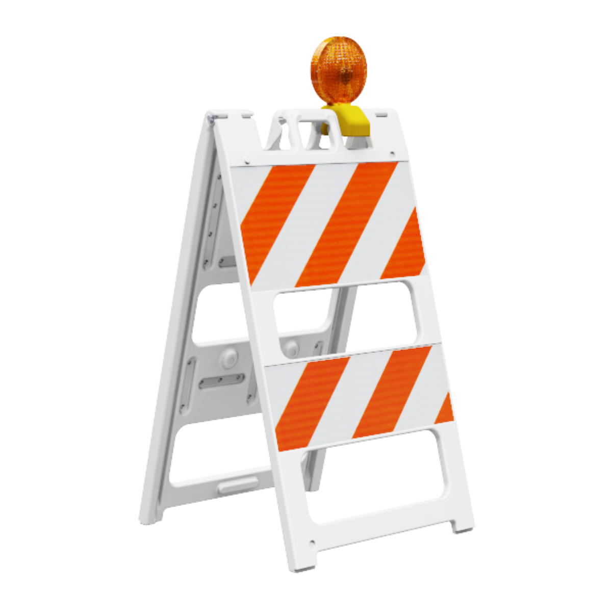 Safety barricade with orange and white stripes on a white background