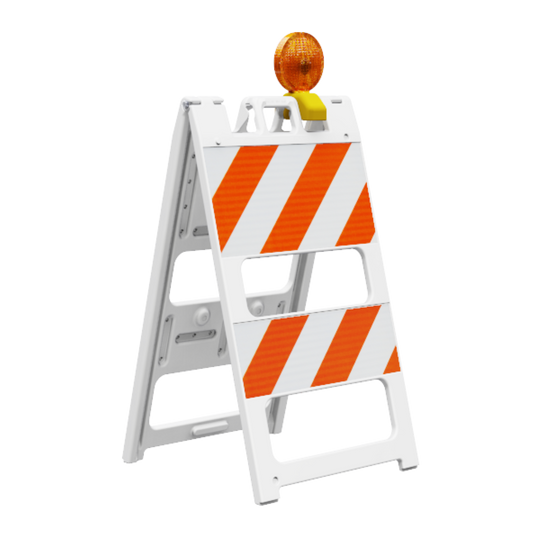 Safety barricade with orange and white stripes on a white background