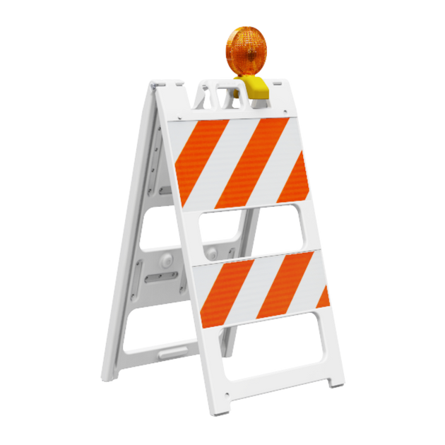 Safety barricade with orange and white stripes on a white background