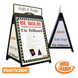 Two Plasticade a-frame signs with text and branding on a white background