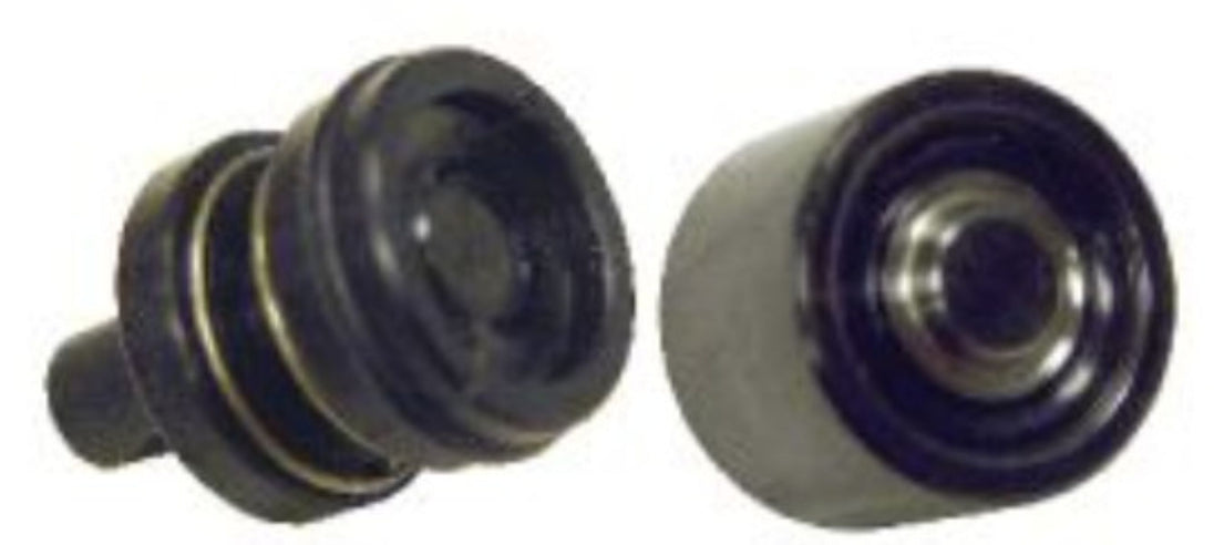 Two black rubber bushings on a white background